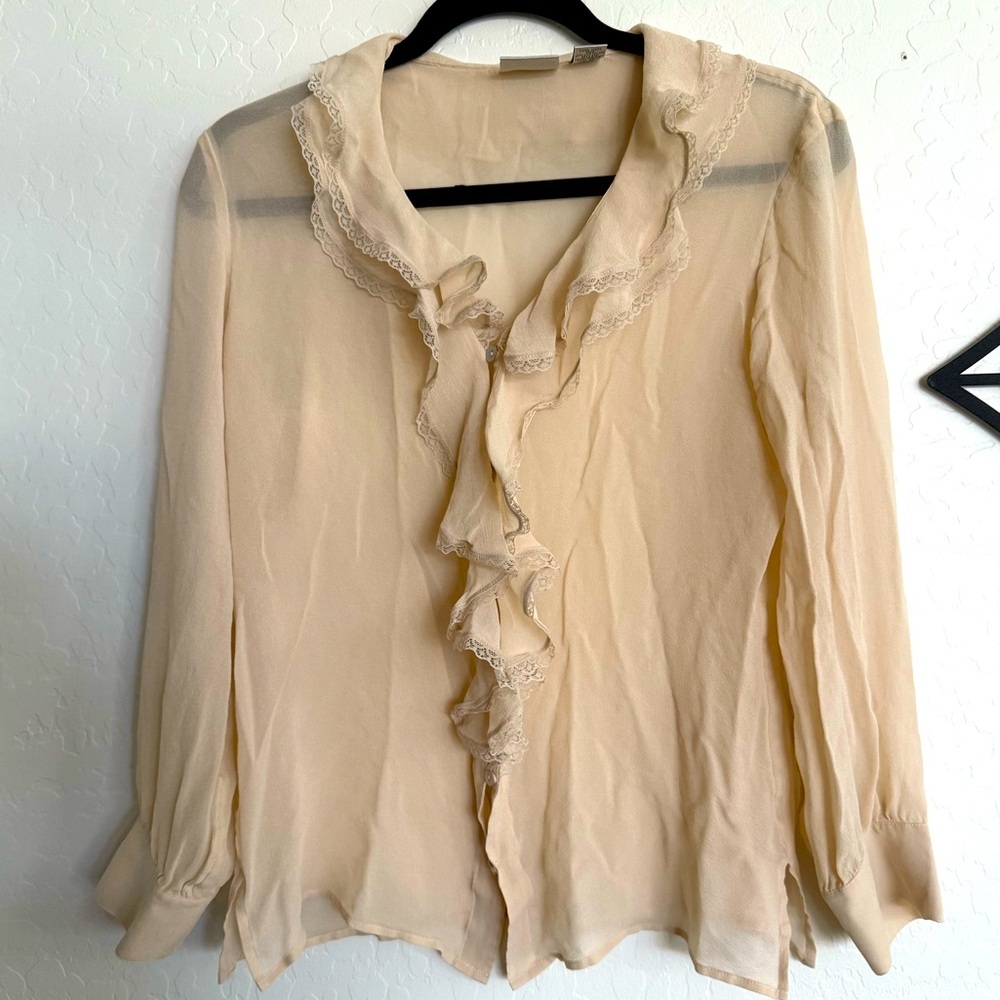 CHICO’S Sheer Cream Ruffle Blouse - Size Medium
